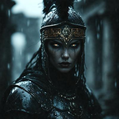 The primary subject of the image is a woman wearing a helmet with a gold design. She is standing in a dark, possibly stormy, environment. The setting includes a stone wall in the background. The visual style of the image is a combination of photo and digital art, creating a dramatic and intense atmosphere. The colors in the image are predominantly dark, with the gold accents on the woman's helmet providing a contrasting element.
